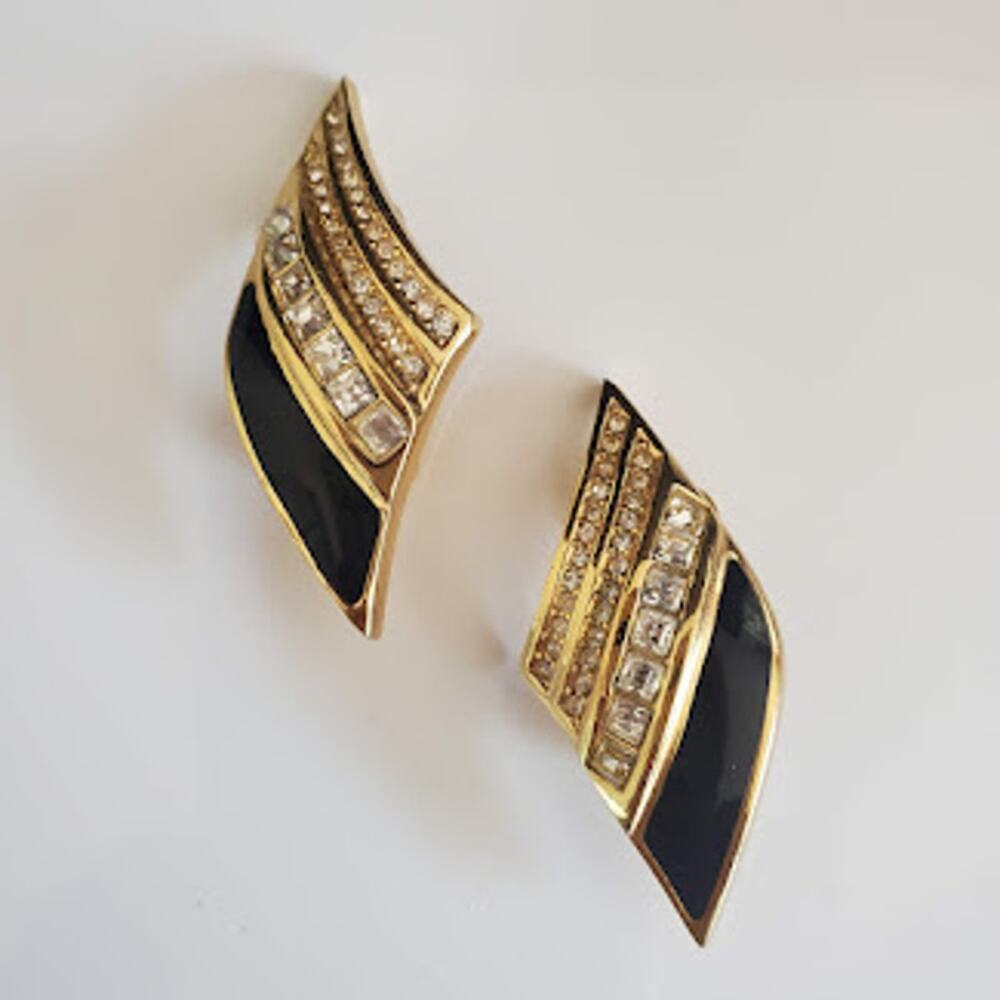 Christian Dior‎ Gold Tone Crystal Black Enamel Clip On Earrings Designer